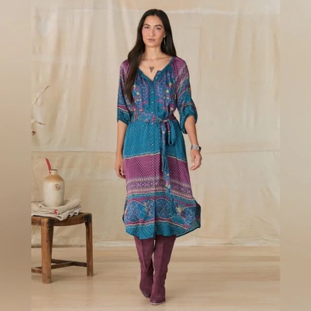 Sundance La Villette Silky modal Blend Print Boho Button Front Dress PL Petite